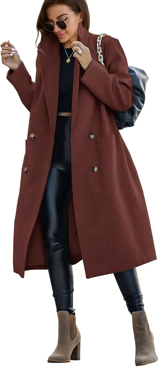 Saodimallsu Womens Trench Coat Winter Lapel Double Breasted Long Pea Coat Casual Work Office Overcoat with Pocket