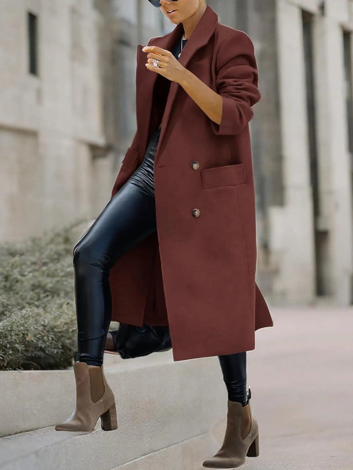Saodimallsu Womens Trench Coat Winter Lapel Double Breasted Long Pea Coat Casual Work Office Overcoat with Pocket