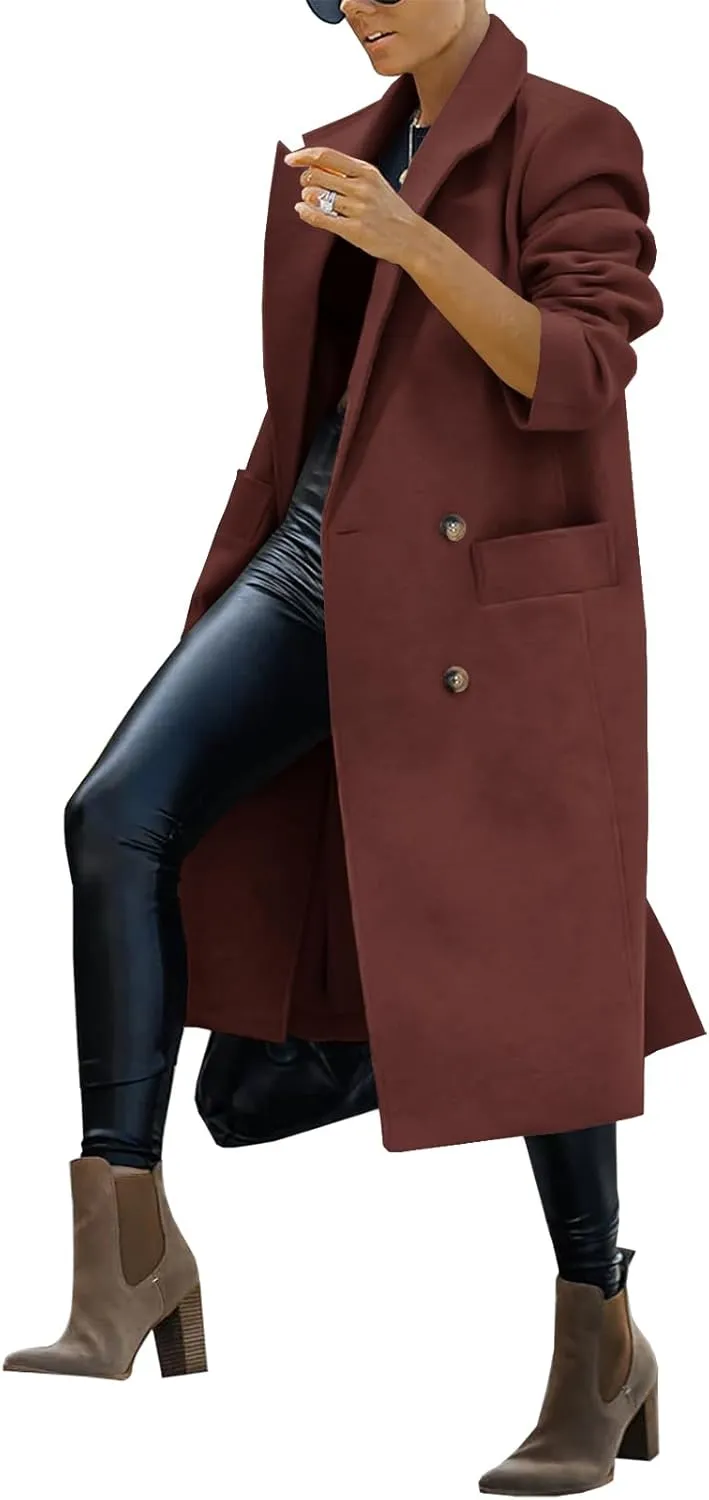 Saodimallsu Womens Trench Coat Winter Lapel Double Breasted Long Pea Coat Casual Work Office Overcoat with Pocket