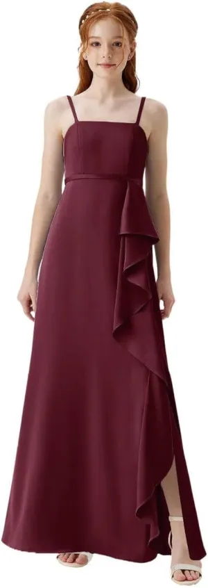 Satin Juniors Bridesmaid Dresses with Slits Spaghetti Straps Flower Girl Dresses for Wedding Girls Party Dress