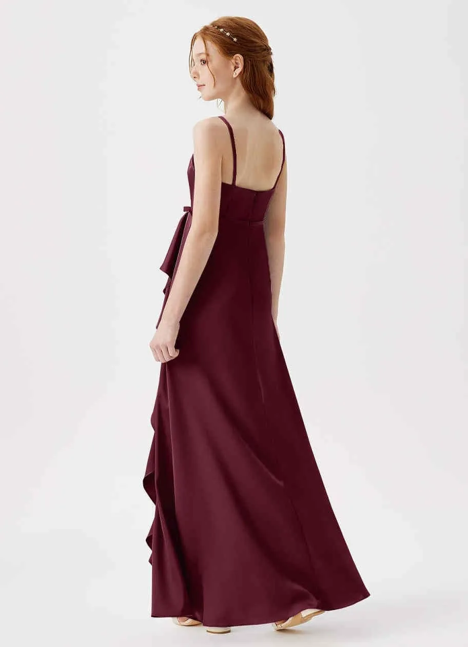 Satin Juniors Bridesmaid Dresses with Slits Spaghetti Straps Flower Girl Dresses for Wedding Girls Party Dress
