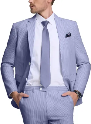 Seersucker Mens Suit 2 Piece Slim Fit Stripe Suits Tuxedo Blazer Jackets Pants Set Summer Beach Wedding Outfit for Men