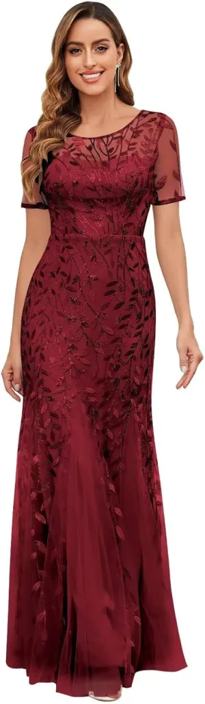 Sequin Mother of The Bride Dresses for Women Long Tulle Mermaid Formal Evening Gown with Sleeves