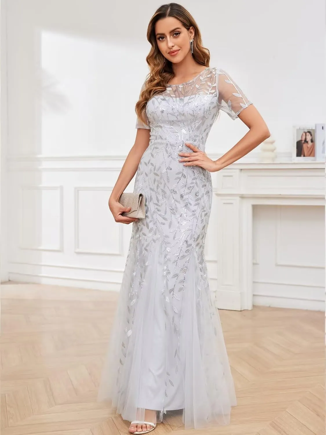 Sequin Mother of The Bride Dresses for Women Long Tulle Mermaid Formal Evening Gown with Sleeves