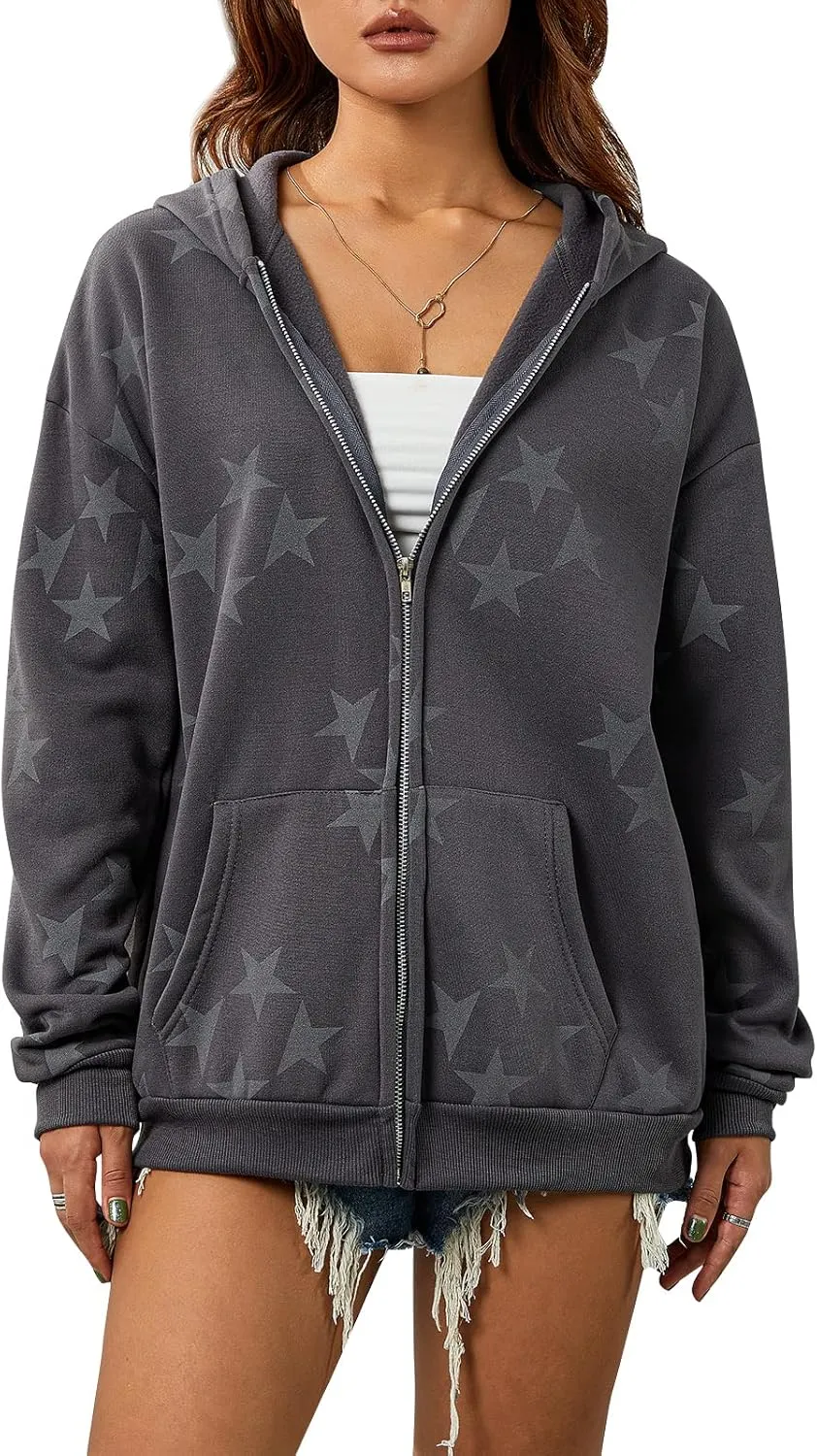 Seyurigaoka Women Y2K Star Zip Up Hoodie Retro Harajuku Oversized Gothic Hip Hop Sweatshirts Grunge Jacket Streetwear