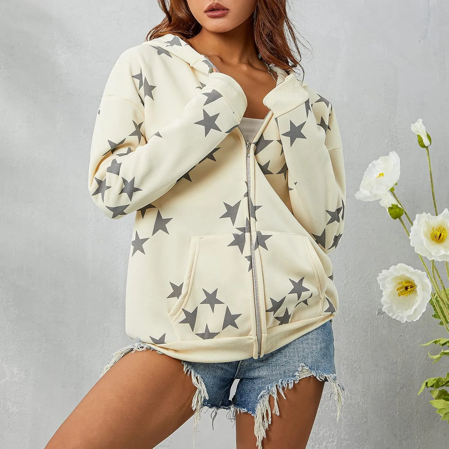Seyurigaoka Women Y2K Star Zip Up Hoodie Retro Harajuku Oversized Gothic Hip Hop Sweatshirts Grunge Jacket Streetwear