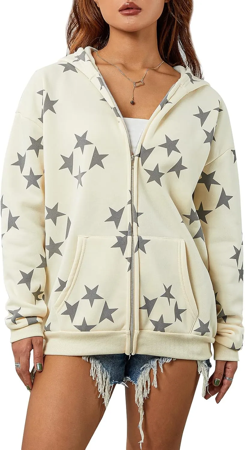 Seyurigaoka Women Y2K Star Zip Up Hoodie Retro Harajuku Oversized Gothic Hip Hop Sweatshirts Grunge Jacket Streetwear