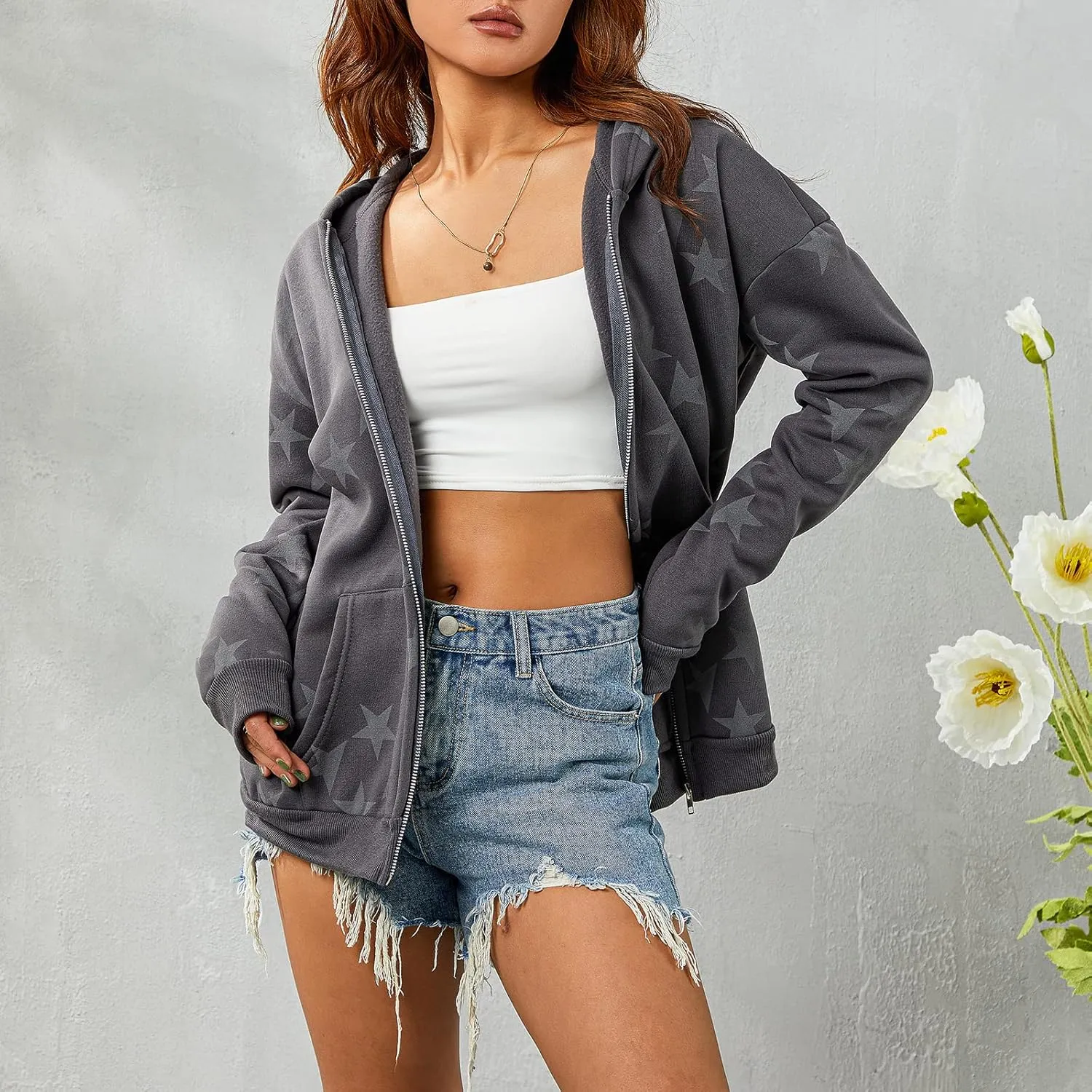 Seyurigaoka Women Y2K Star Zip Up Hoodie Retro Harajuku Oversized Gothic Hip Hop Sweatshirts Grunge Jacket Streetwear