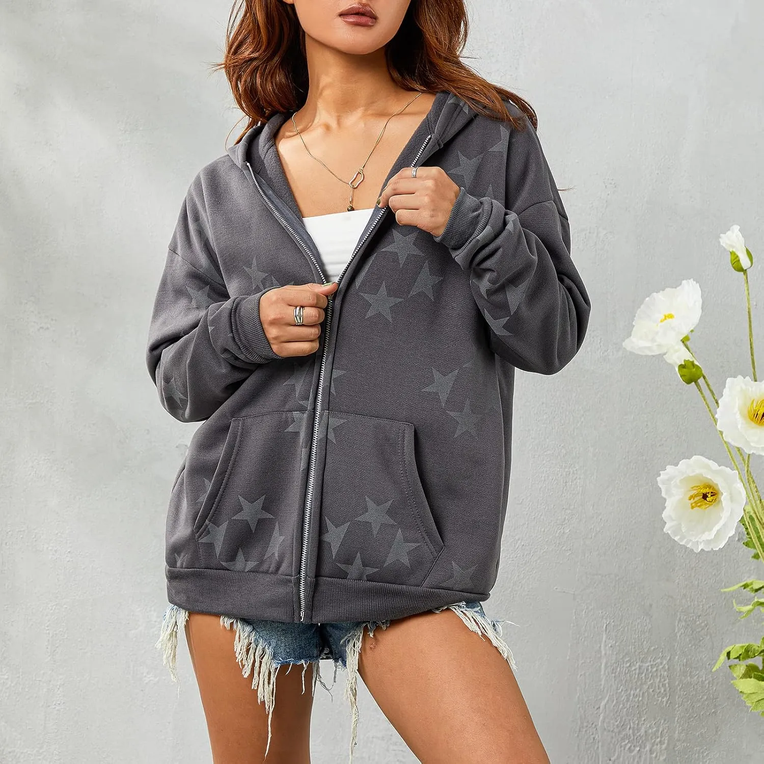Seyurigaoka Women Y2K Star Zip Up Hoodie Retro Harajuku Oversized Gothic Hip Hop Sweatshirts Grunge Jacket Streetwear