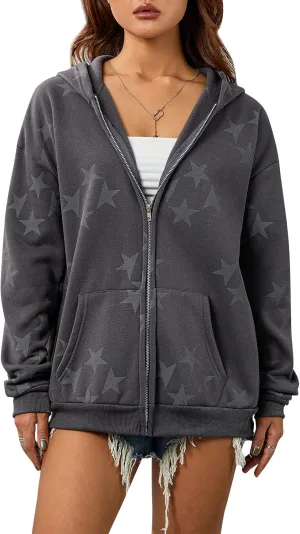 Seyurigaoka Women Y2K Star Zip Up Hoodie Retro Harajuku Oversized Gothic Hip Hop Sweatshirts Grunge Jacket Streetwear