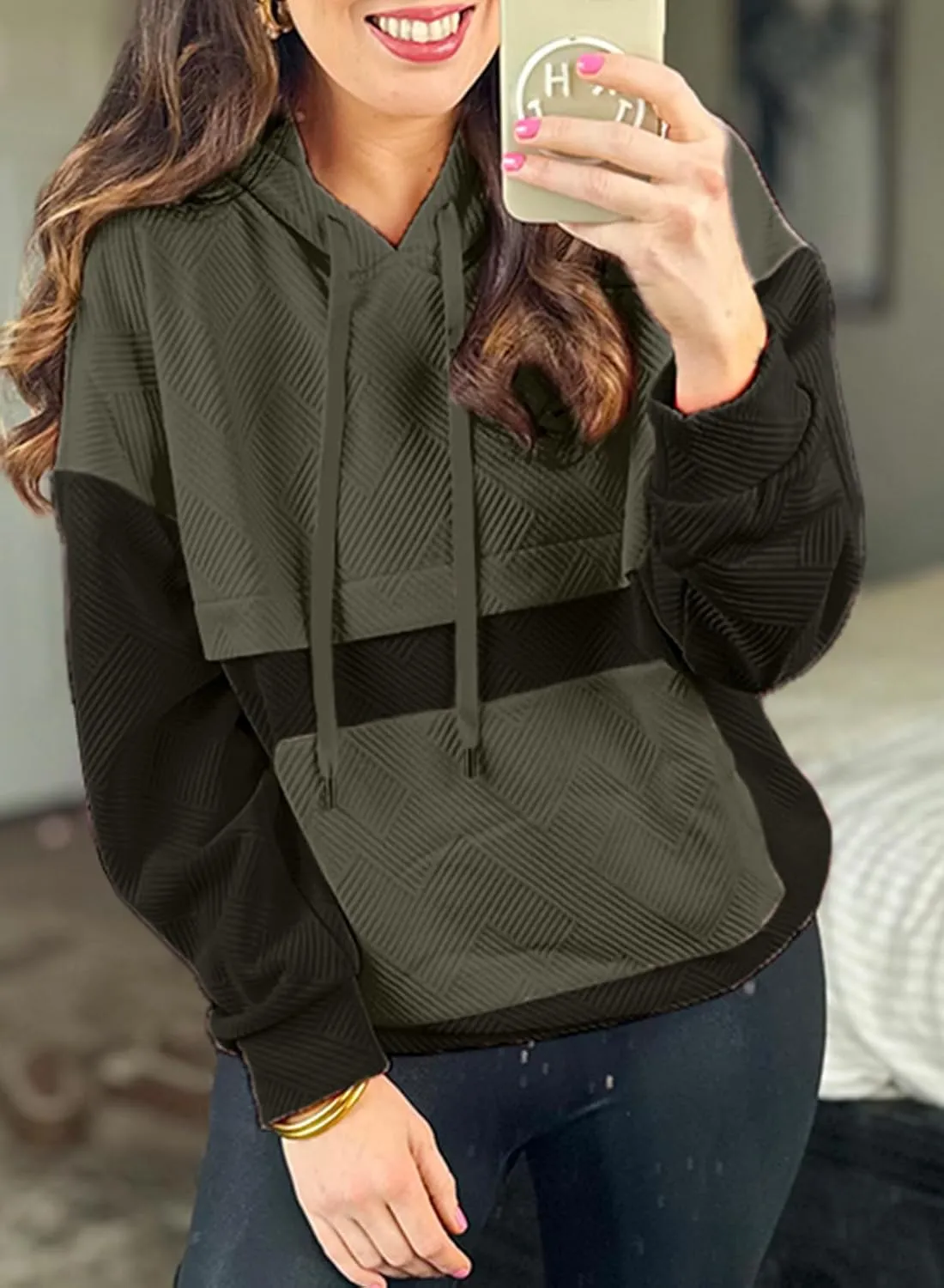 SHEWIN Women's Hoodies Casual Long Sleeve Textured Pullover Tops Loose Drawstring Sweatshirt with Pocket
