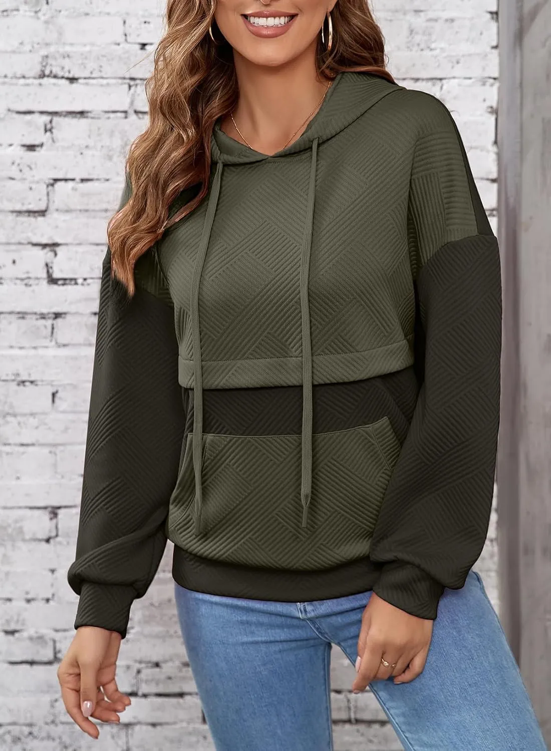 SHEWIN Women's Hoodies Casual Long Sleeve Textured Pullover Tops Loose Drawstring Sweatshirt with Pocket