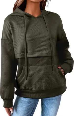 SHEWIN Women's Hoodies Casual Long Sleeve Textured Pullover Tops Loose Drawstring Sweatshirt with Pocket
