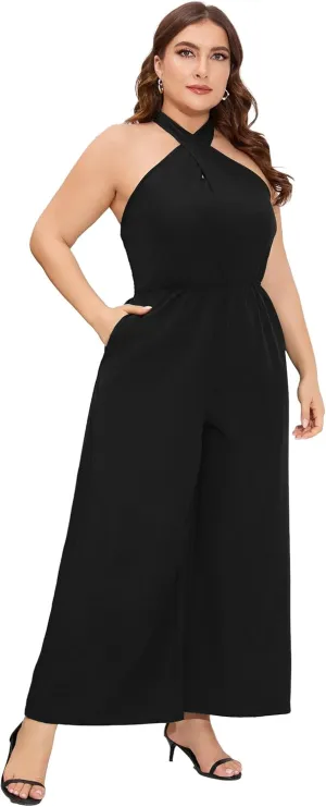 ShopWonder Women's Plus Size V Neck Ruffle Sleeve Belted Wide Leg Pants Summer Casual Long Jumpsuit Rompers