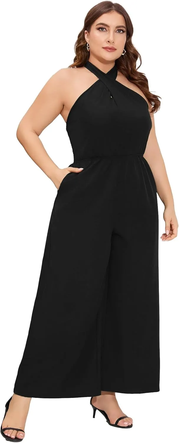 ShopWonder Women's Plus Size V Neck Ruffle Sleeve Belted Wide Leg Pants Summer Casual Long Jumpsuit Rompers