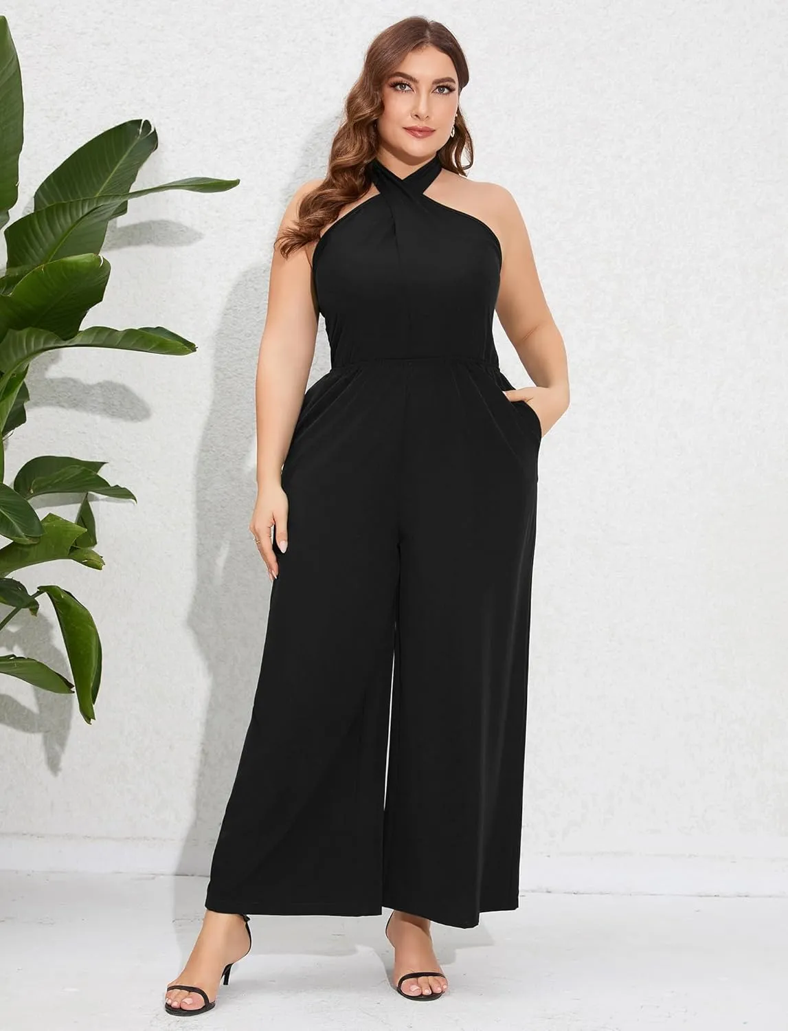 ShopWonder Women's Plus Size V Neck Ruffle Sleeve Belted Wide Leg Pants Summer Casual Long Jumpsuit Rompers