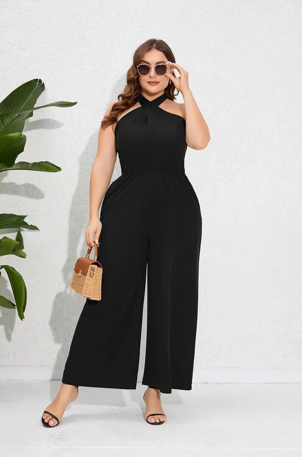 ShopWonder Women's Plus Size V Neck Ruffle Sleeve Belted Wide Leg Pants Summer Casual Long Jumpsuit Rompers
