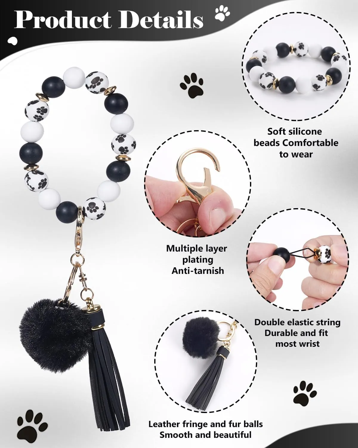 Silicone Key Ring Bracelet Wristlet Keychain Bangle Keychain With Hairball and Tassel Bead Car Key Chain for Women