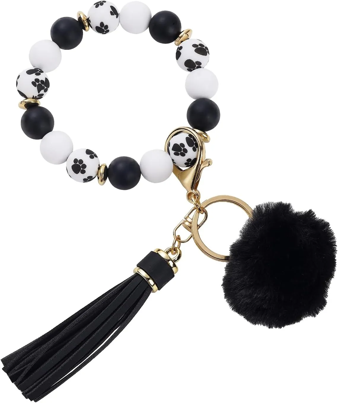 Silicone Key Ring Bracelet Wristlet Keychain Bangle Keychain With Hairball and Tassel Bead Car Key Chain for Women