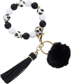 Silicone Key Ring Bracelet Wristlet Keychain Bangle Keychain With Hairball and Tassel Bead Car Key Chain for Women