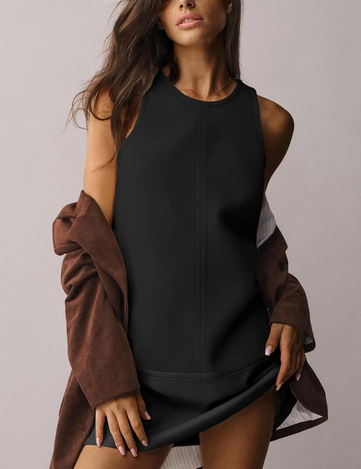 Sleeveless Mini Dress for Women 2025 Summer Casual Beach Crew Neck Zip Up Tank Dresses