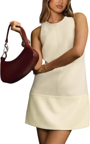 Sleeveless Mini Dress for Women 2025 Summer Casual Beach Crew Neck Zip Up Tank Dresses