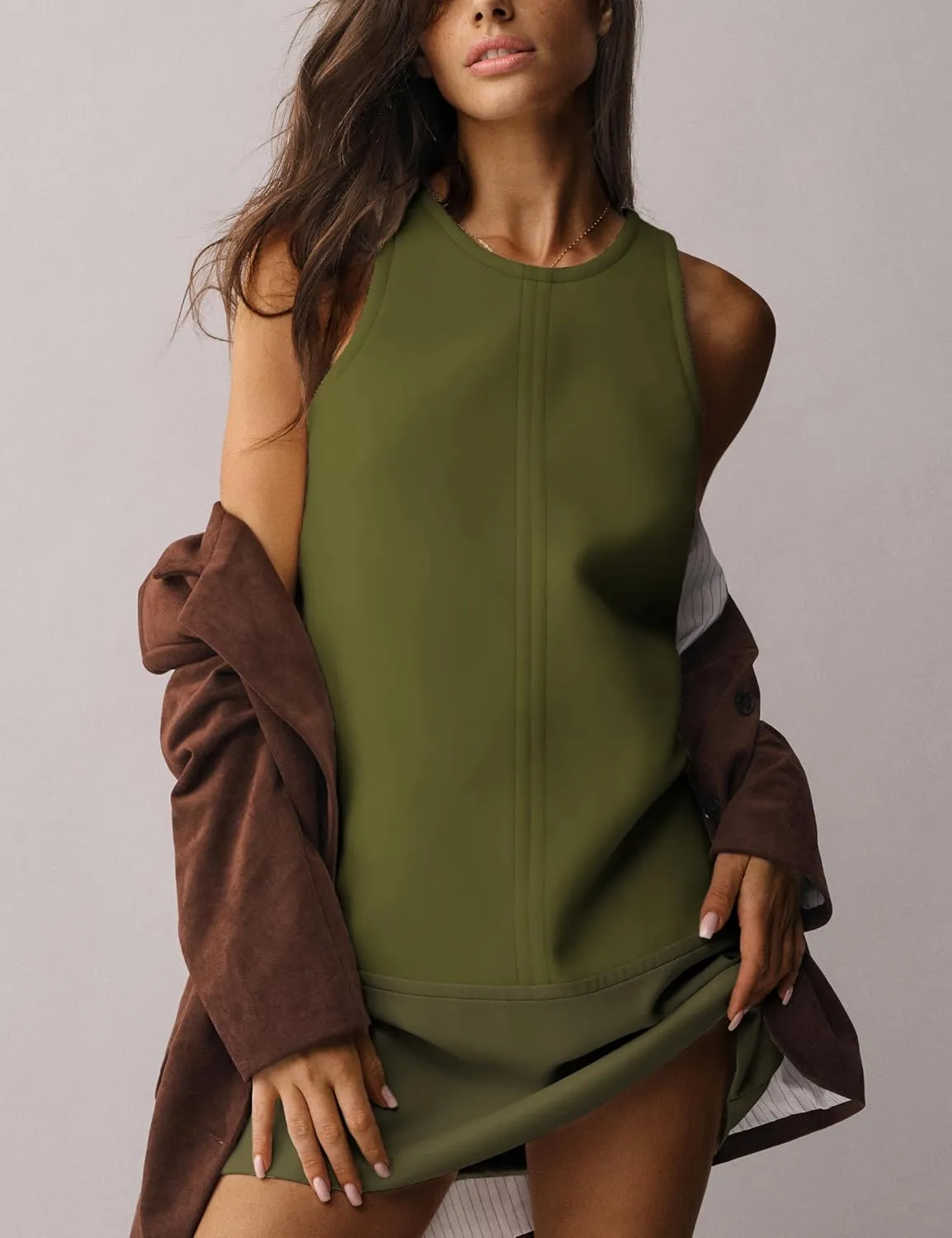 Sleeveless Mini Dress for Women 2025 Summer Casual Beach Crew Neck Zip Up Tank Dresses