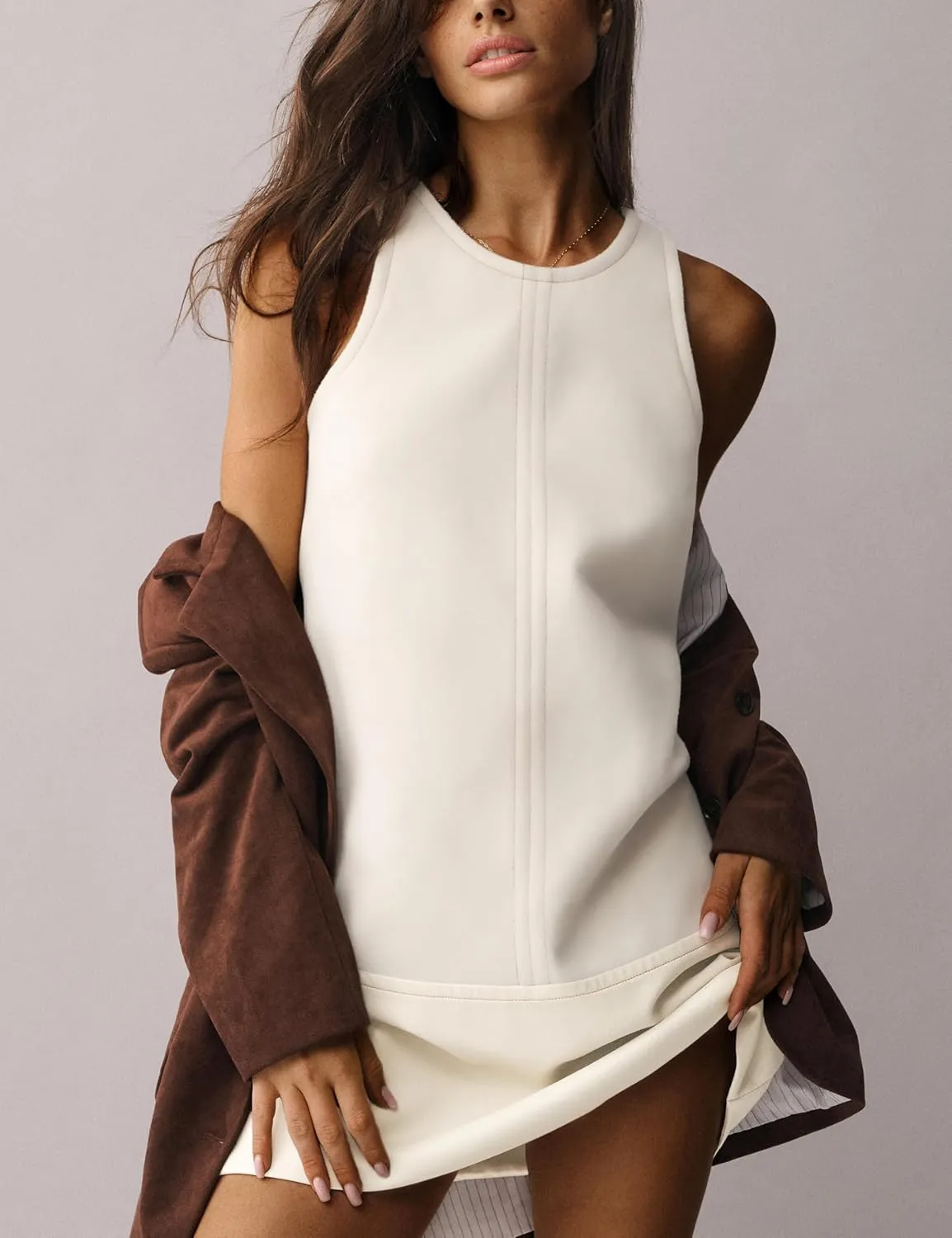 Sleeveless Mini Dress for Women 2025 Summer Casual Beach Crew Neck Zip Up Tank Dresses