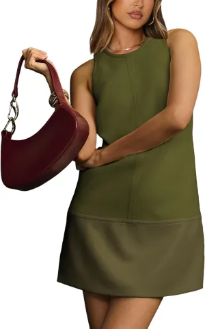 Sleeveless Mini Dress for Women 2025 Summer Casual Beach Crew Neck Zip Up Tank Dresses