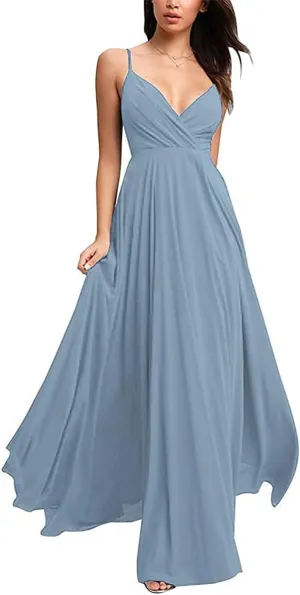 Sleeveless V Neck Bridesmaid Dress for Wedding Chiffon A Line Formal Gowns and Evening Dresses Dusty Blue Size 10
