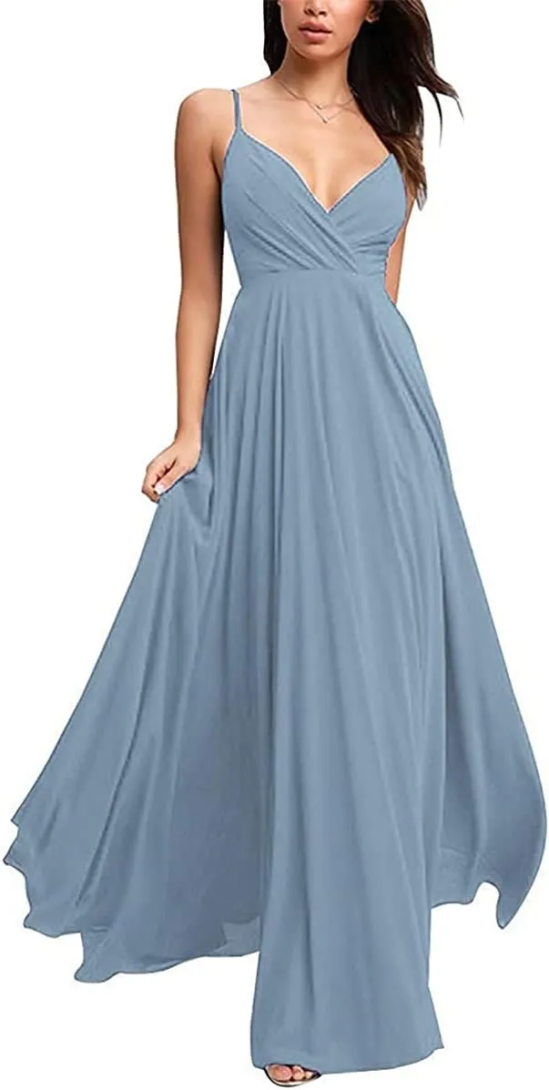 Sleeveless V Neck Bridesmaid Dress for Wedding Chiffon A Line Formal Gowns and Evening Dresses Dusty Blue Size 10