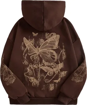 SOLY HUX Women's Graphic Hoodies Butterfly Print Long Sleeve Drawstring Pocket Sweatshirt Pullover Tops