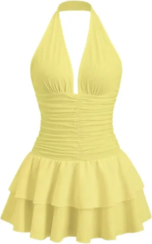 SOLY HUX Women's Halter Deep V Neck Ruffle Mini Dresses Sleeveless Flowy Sundresses Party Clubwear