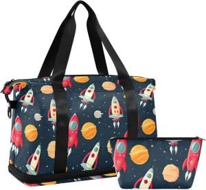 Space Rockets Sports Gym Bag with Waterproof Dry Wet Pocket, Travel Duffel Bag for Women MenWorkout Bag Fits Yoga, Swimming