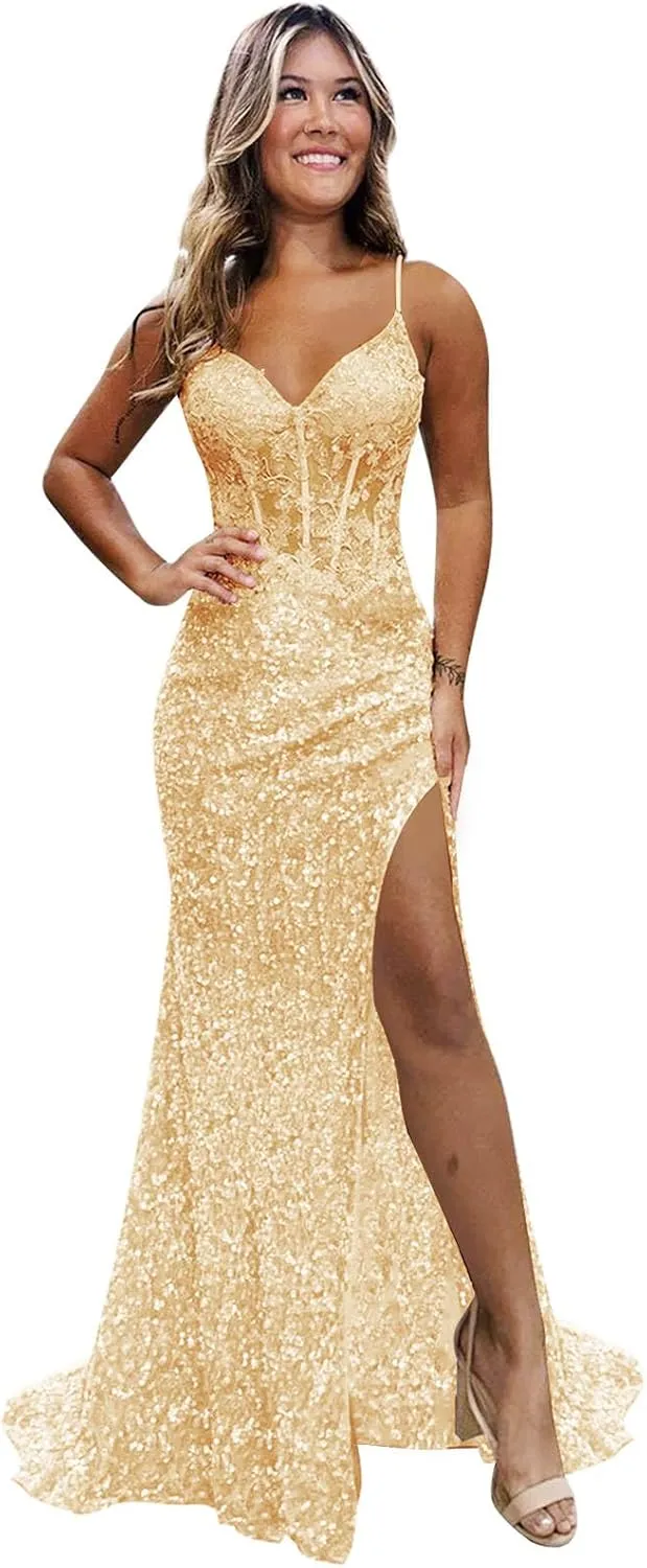 Sparkly Sequins Prom Dresses Long Mermaid Evening Dress with Slit Lace Appliques Corset Evening Formal Gown