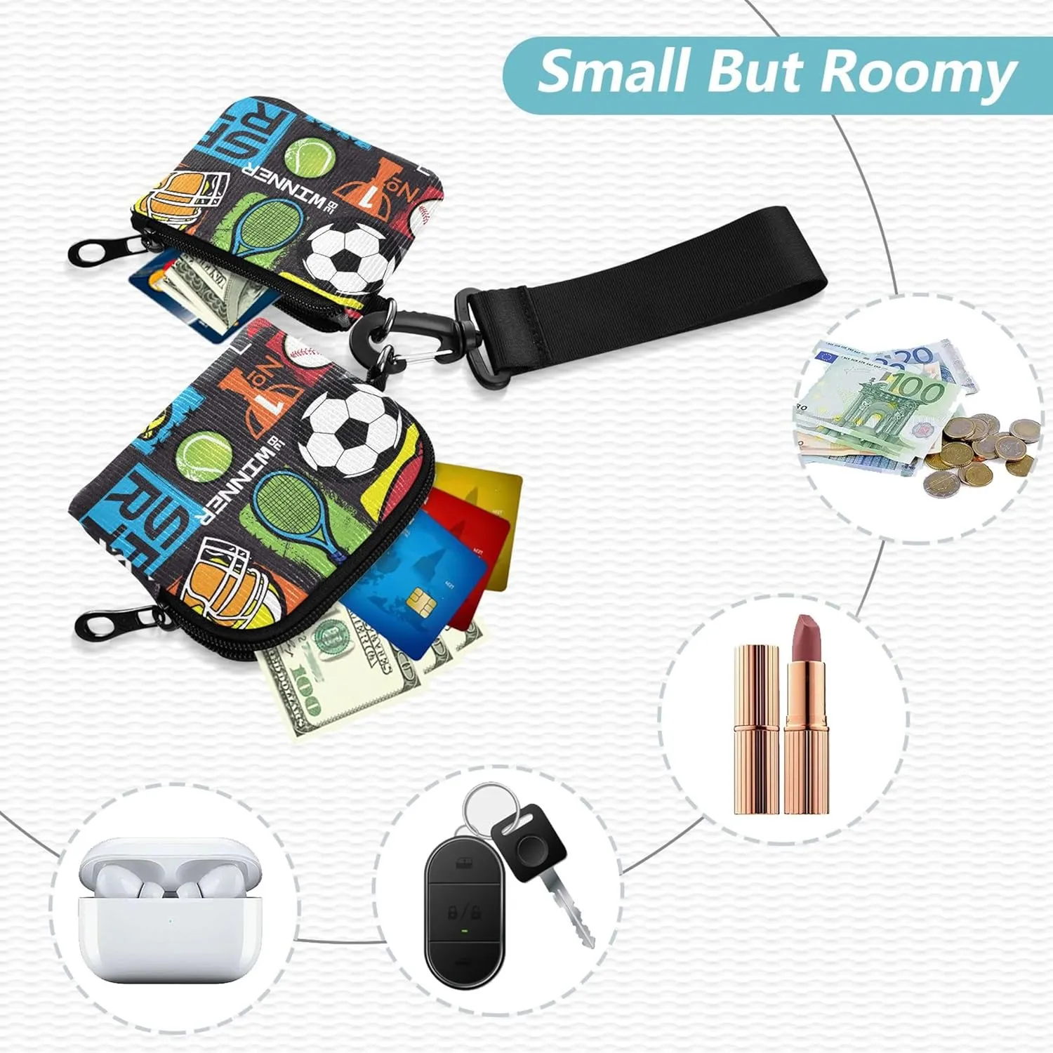 Sport Pattern Repeated Backdrop Dual Wristlet Wallets for Women Small Detachable Coin Purse Change Holder with Zipper Coin Pocket for Men Women 2 Pcs
