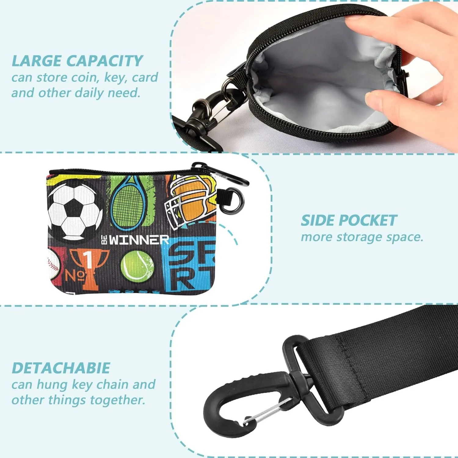 Sport Pattern Repeated Backdrop Dual Wristlet Wallets for Women Small Detachable Coin Purse Change Holder with Zipper Coin Pocket for Men Women 2 Pcs