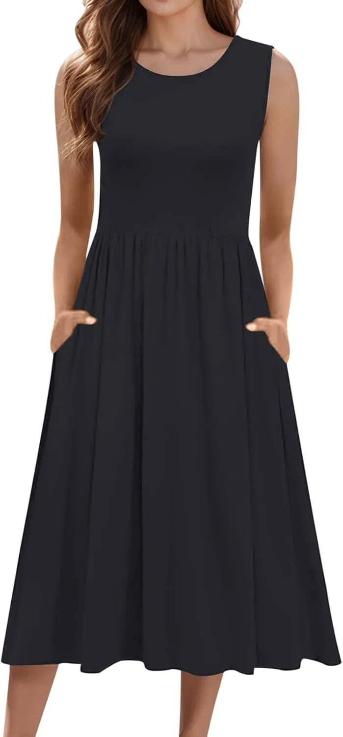 Spring Dresses for Women Tank Midi Dress Sleeveless A-Line Casual Floral T-Shirt Flowy Beach Sundress with Pockets