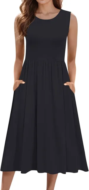 Spring Dresses for Women Tank Midi Dress Sleeveless A-Line Casual Floral T-Shirt Flowy Beach Sundress with Pockets