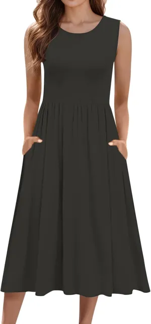 Spring Dresses for Women Tank Midi Dress Sleeveless A-Line Casual Floral T-Shirt Flowy Beach Sundress with Pockets