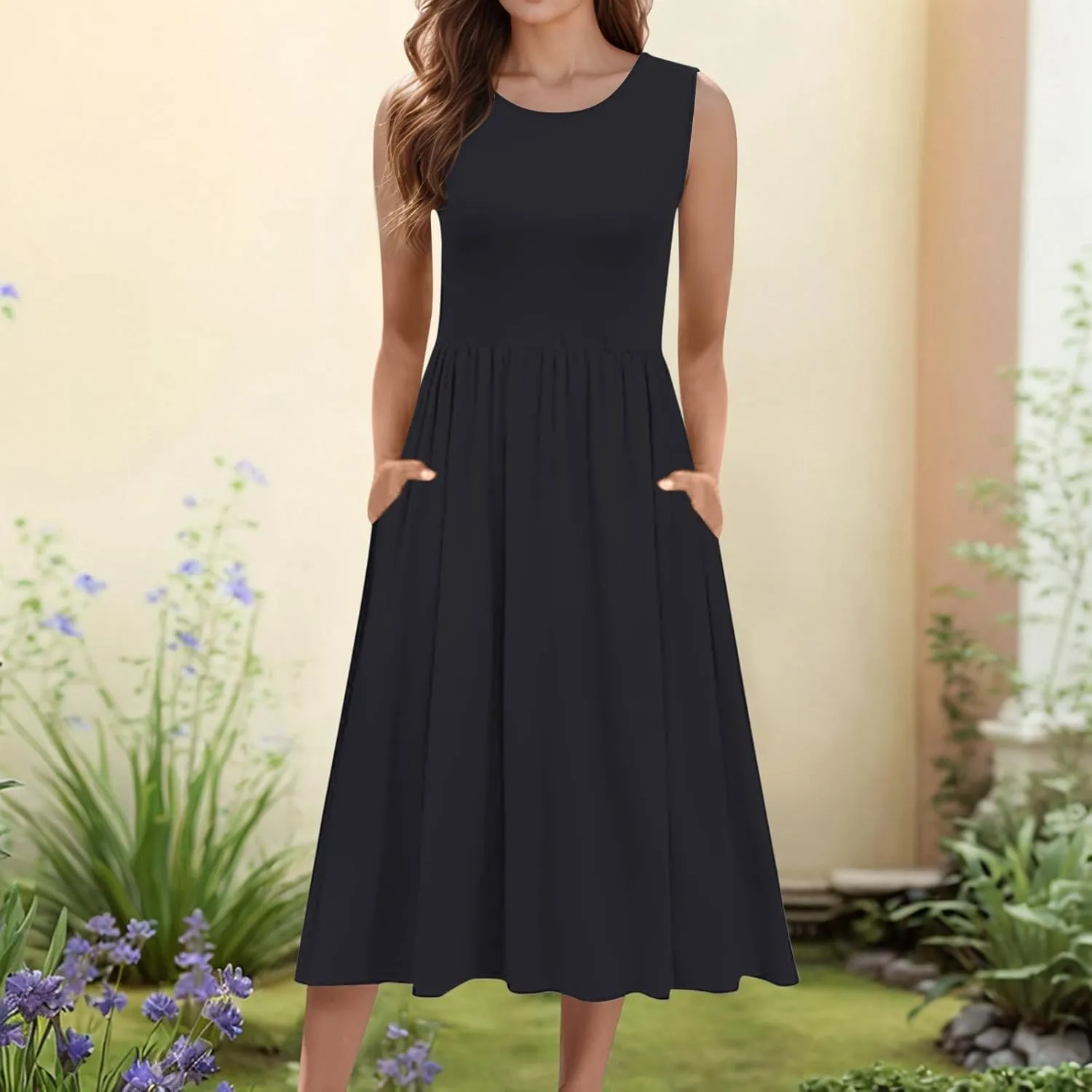 Spring Dresses for Women Tank Midi Dress Sleeveless A-Line Casual Floral T-Shirt Flowy Beach Sundress with Pockets