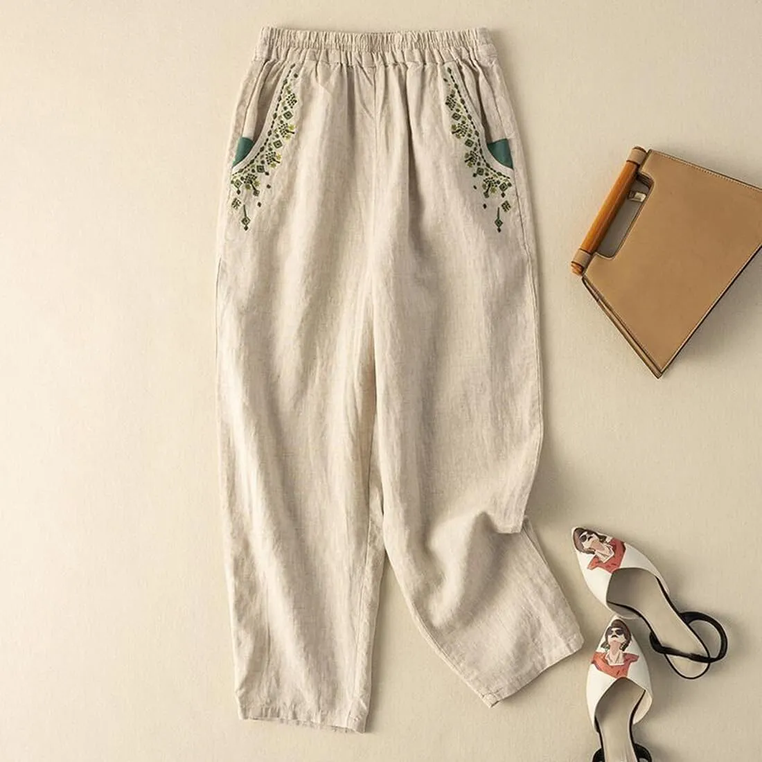 Starella Women's Casual Pants Embroidered Harem Carrot Trousers with Pockets