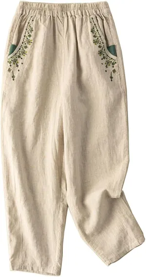 Starella Women's Casual Pants Embroidered Harem Carrot Trousers with Pockets