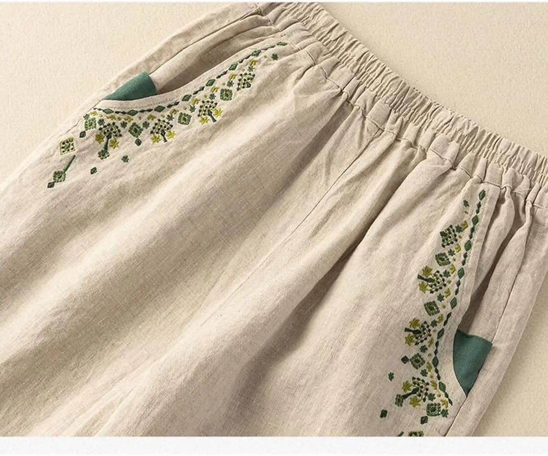 Starella Women's Casual Pants Embroidered Harem Carrot Trousers with Pockets