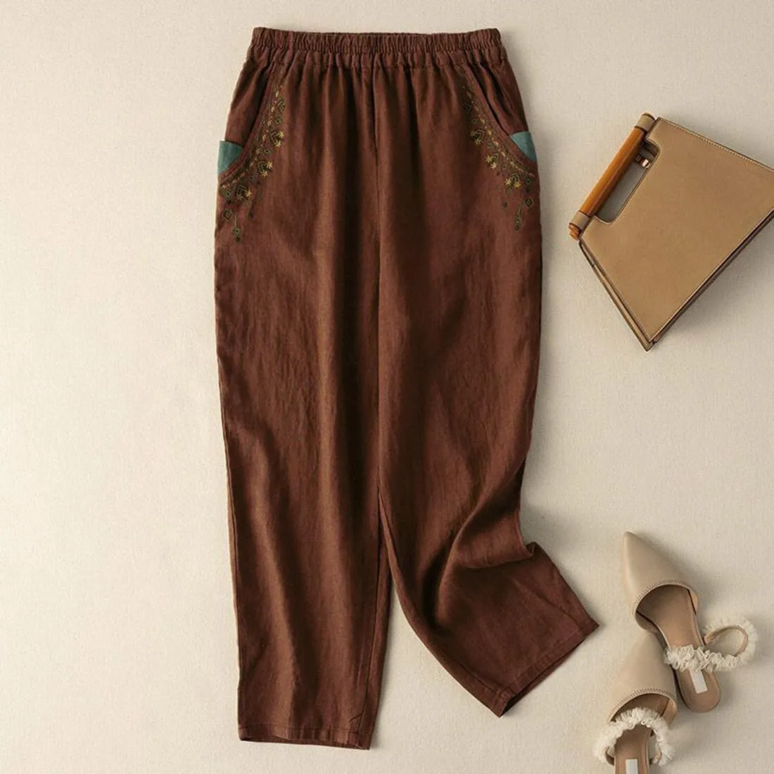 Starella Women's Casual Pants Embroidered Harem Carrot Trousers with Pockets