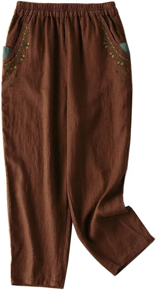 Starella Women's Casual Pants Embroidered Harem Carrot Trousers with Pockets