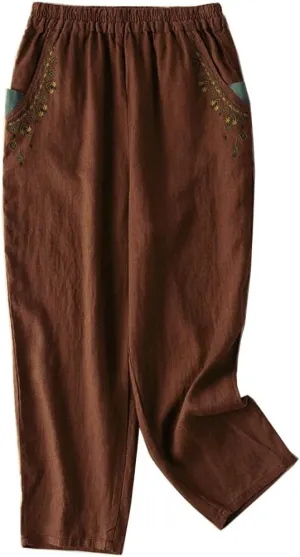 Starella Women's Casual Pants Embroidered Harem Carrot Trousers with Pockets
