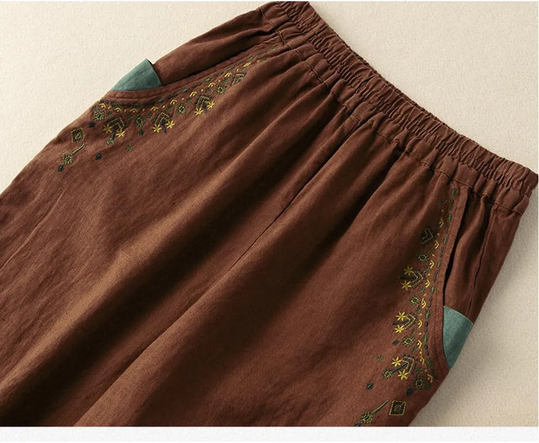 Starella Women's Casual Pants Embroidered Harem Carrot Trousers with Pockets