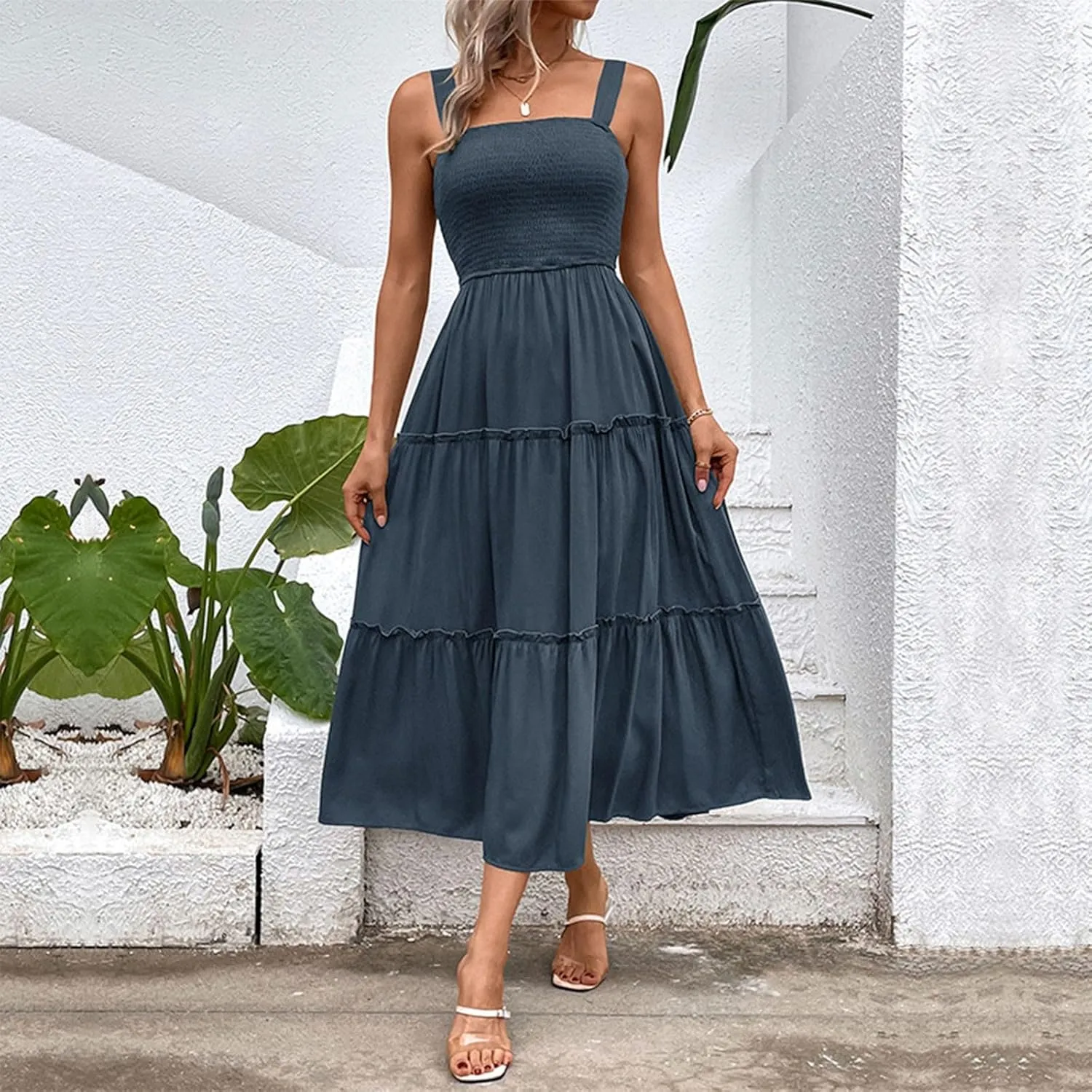 Summer Dresses for Women 2024 Trendy Sleeveless Backless Peplum Long Dress Ladies Flowy Beach Vacation Maxi Sundress
