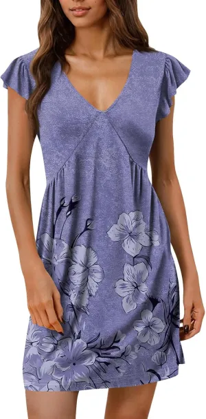 Summer Dresses for Women 2025 Boho Floral Print Ruffle Sleeve Vacation Holiday Dress V-Neck Sundress Tank Dress